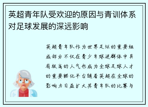 英超青年队受欢迎的原因与青训体系对足球发展的深远影响